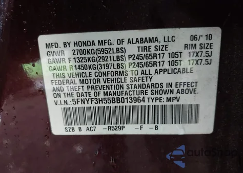 2011 Honda Pilot Ex-L из США, поврежденный, VIN 5FNYF3H55BB013964